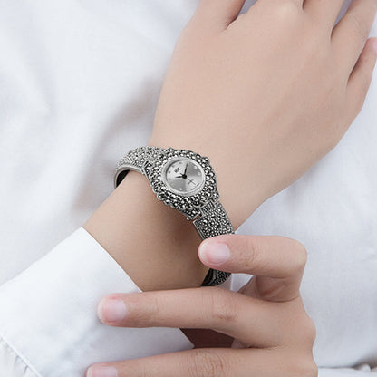 Black Sterling Silver Zircon Metal Organic Glass Wrist Watch