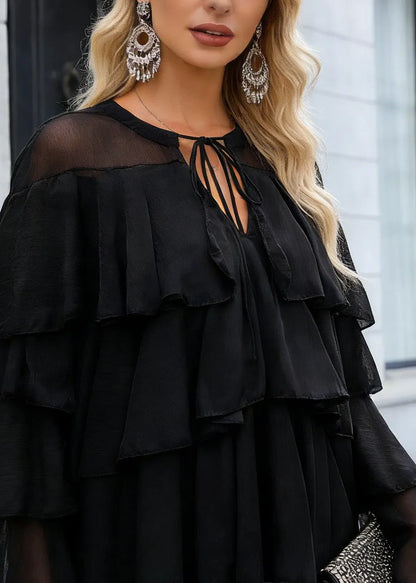 Fine Black Ruffled Patchwork Chiffon Blouse Top Spring