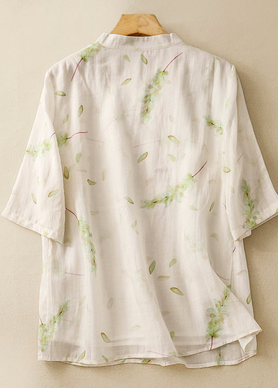 Green Stand Collar Print Linen Blouse Tops Summer