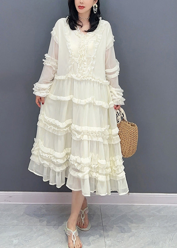 Brief White V Neck Ruffled Chiffon Long Dress Spring