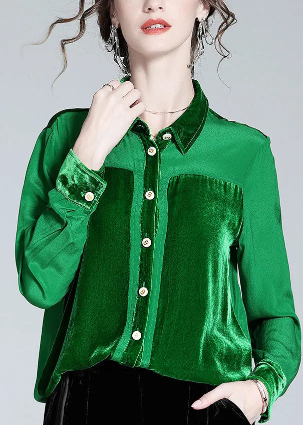 Green Peter Pan Collar Patchwork Button Silk Shirt Long Sleeve