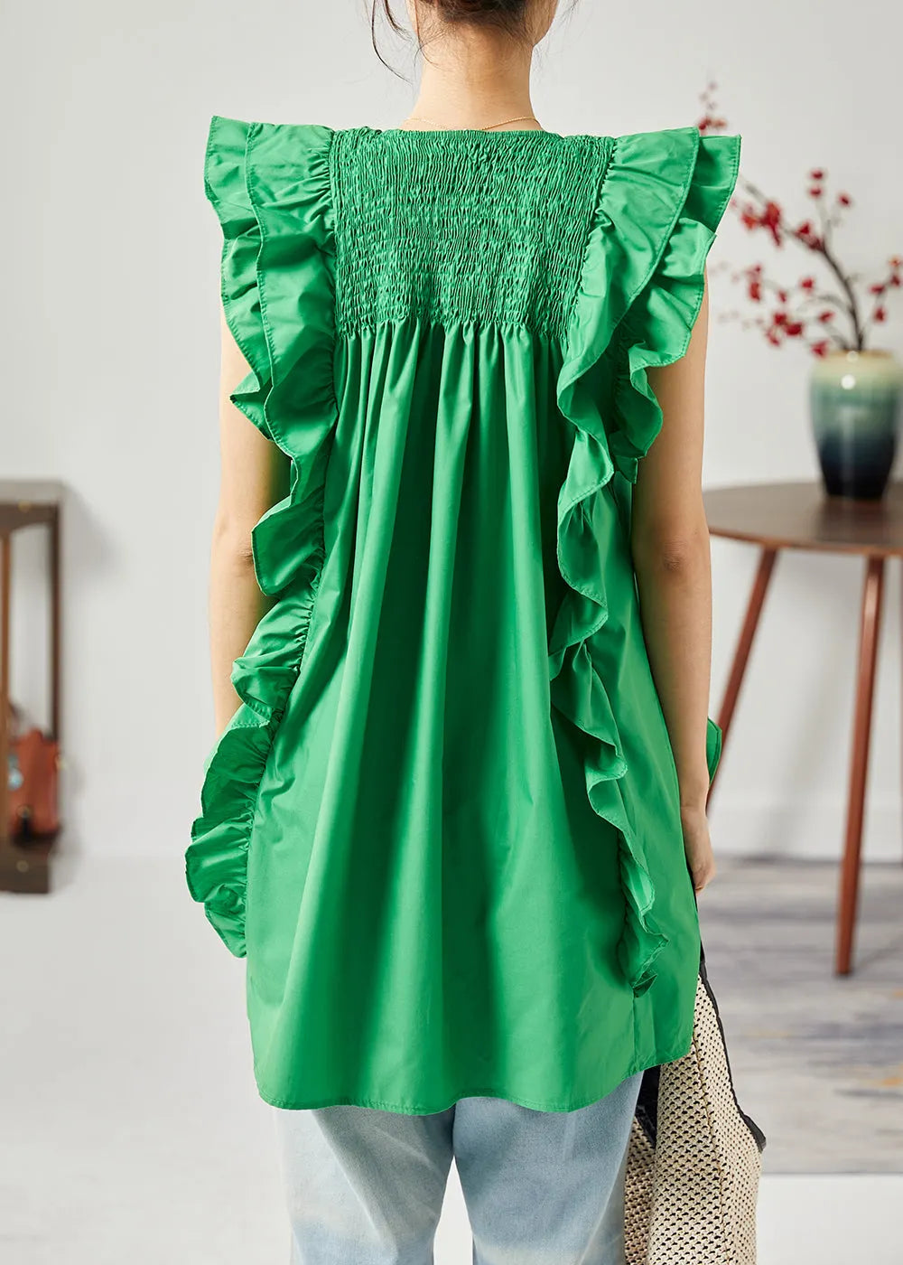 Modern Green O-neck Wrinkled Patchwork Ruffles Cotton Tops Sleeveless