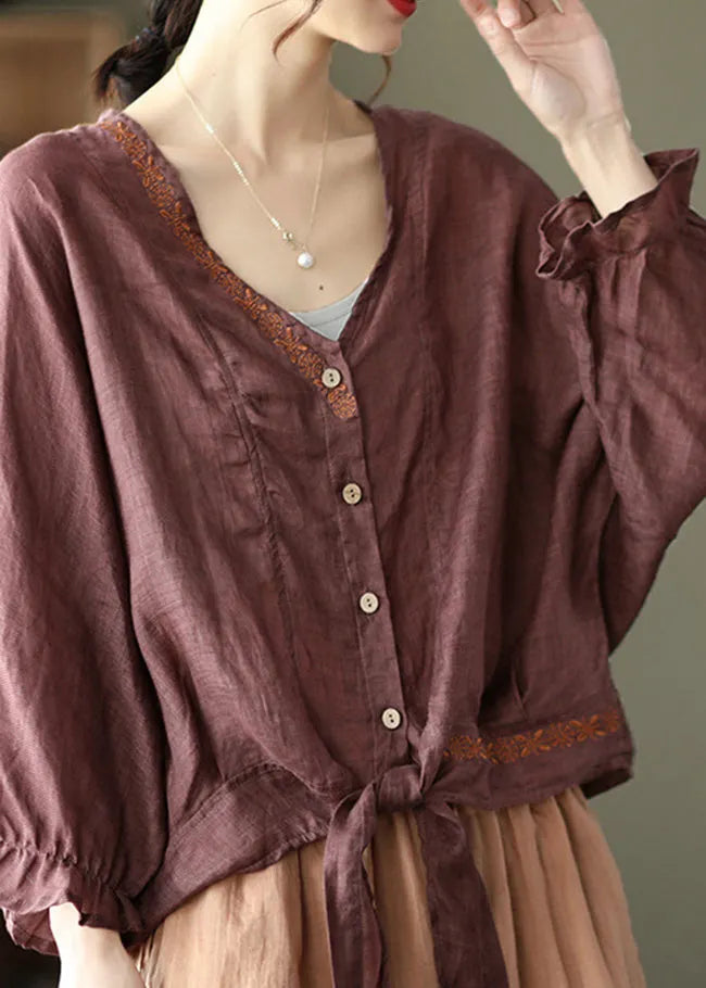Style Dark Brown Tie Waist V Neck Embroideried Cotton Tops Batwing Sleeve