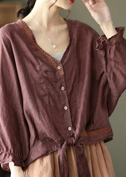 Style Dark Brown Tie Waist V Neck Embroideried Cotton Tops Batwing Sleeve
