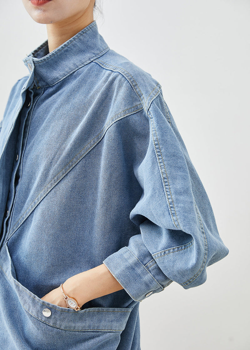 Blue Stand Collar Oversized Denim Coat Fall