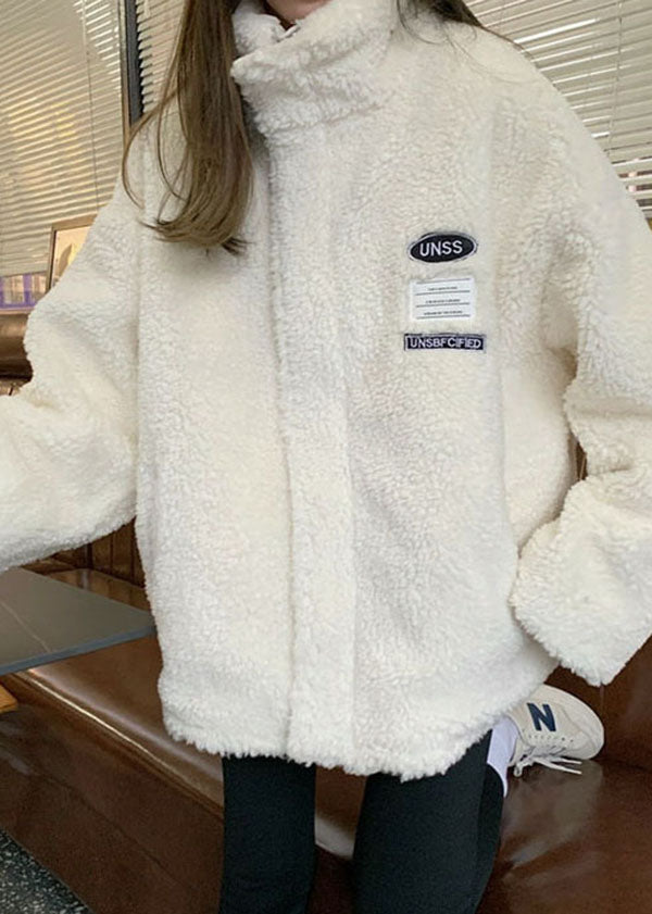 White Stand Collar Pockets Wear on Both Sides Faux Fur Coat Winter