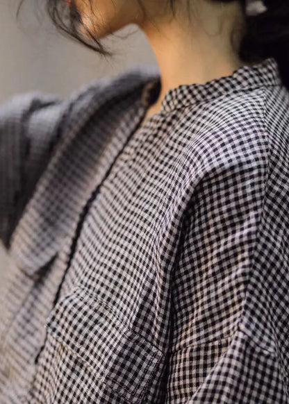 Fitted Large Lattice V Neck Button Loose Linen Shirt Spring