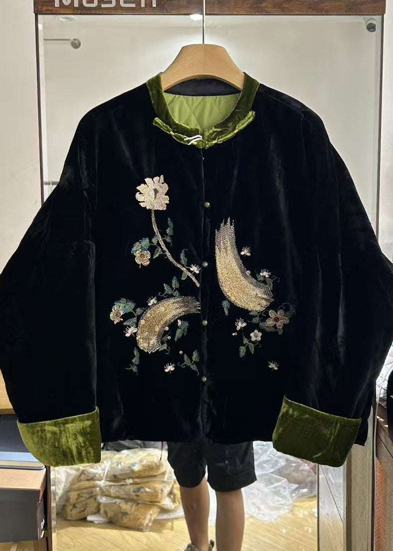 Chinese Style Embroidered Silk Velvet Fine Cotton Filled Coats Spring