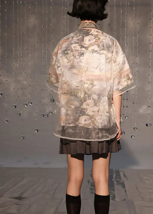 Boutique Peter Pan Collar Lace Up Patchwork Organza Shirt Summer