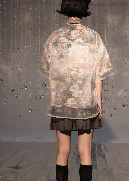Boutique Peter Pan Collar Lace Up Patchwork Organza Shirt Summer