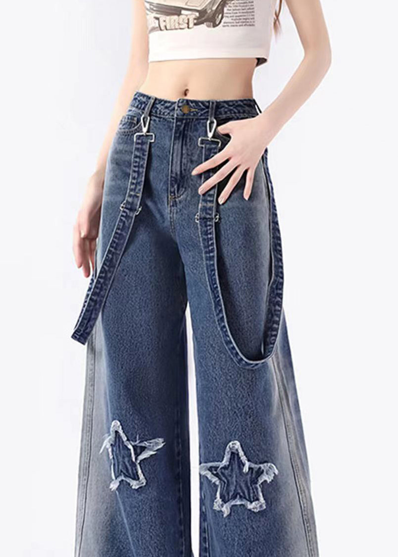 Blue Pockets Patch Denim Straight Pants Spring