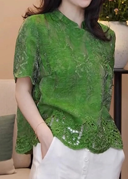 Chinese Style Green Stand Collar Hollow Out Cotton Blouse Summer