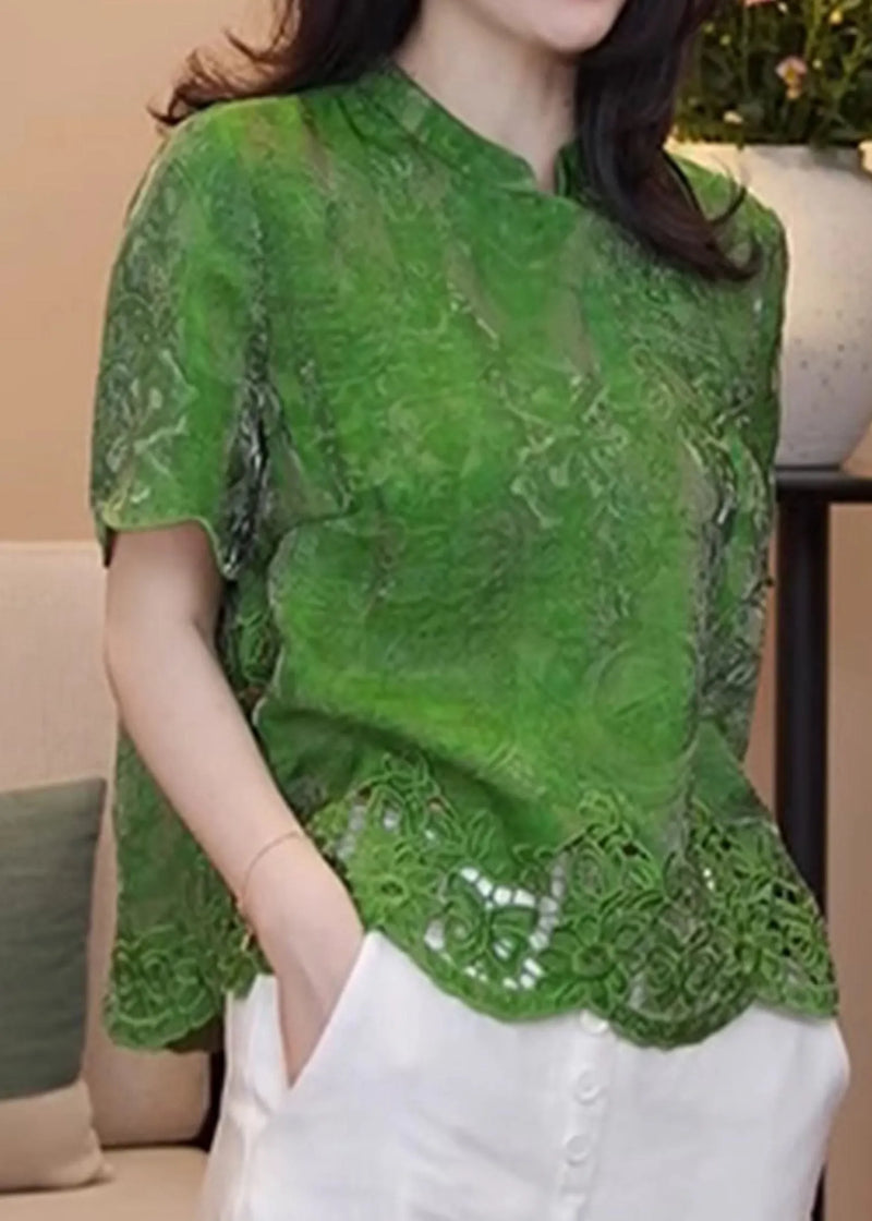 Chinese Style Green Stand Collar Hollow Out Cotton Blouse Summer