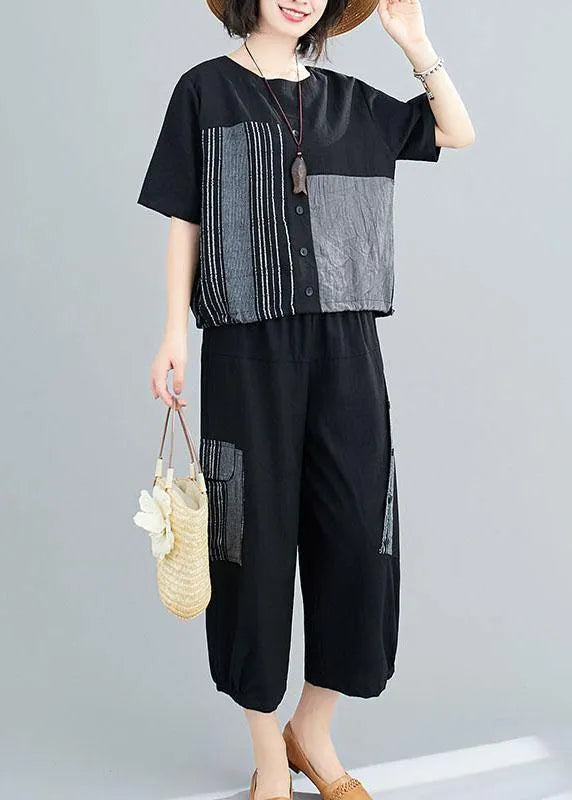 Unique Black Asymmetrical Design Linen Button Summer Two Pieces Set