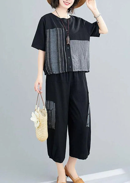 Unique Black Asymmetrical Design Linen Button Summer Two Pieces Set