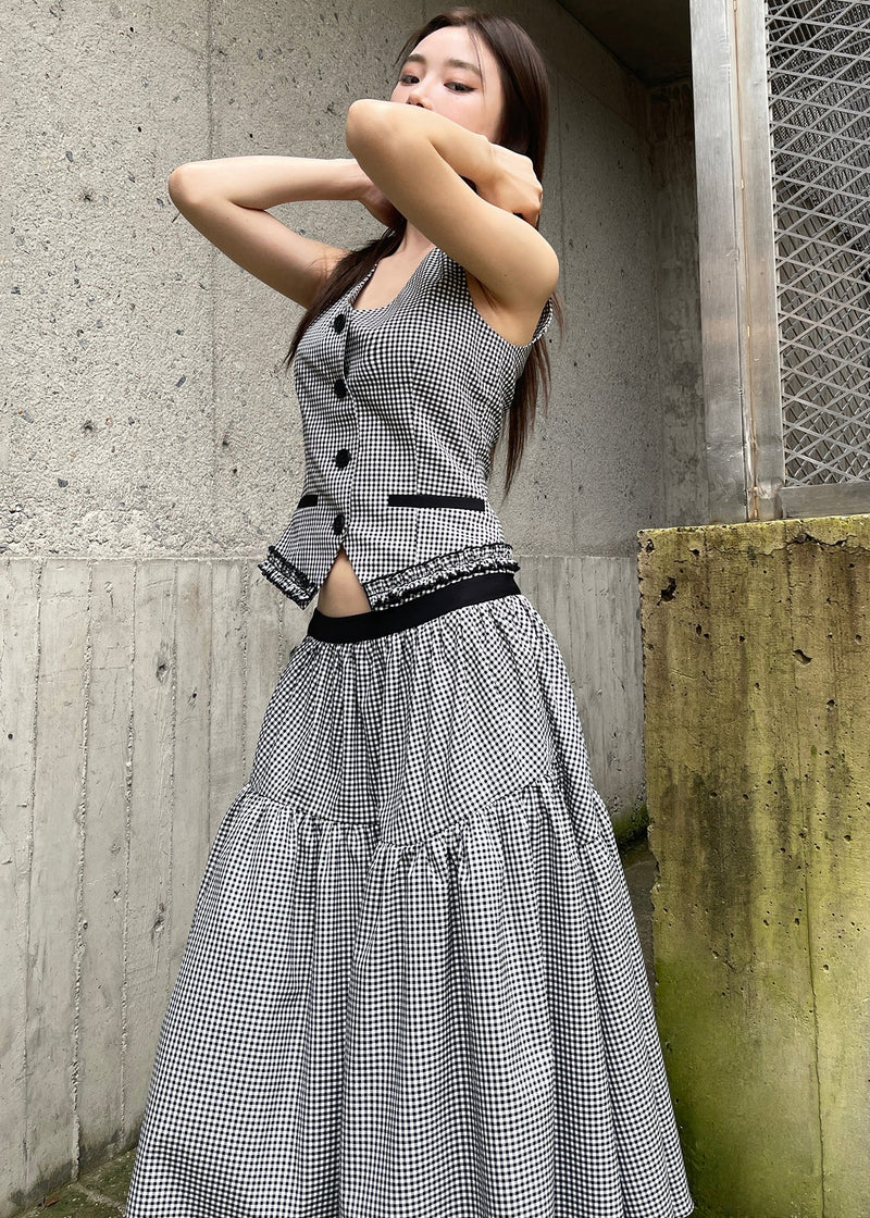 Natural Black White Plaid V Neck Patchwork Waistcoat and Maxi Skirts Two Pieces Set Summer