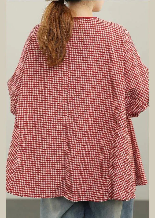 Red Plaid Batwing Sleeve Cotton Summer Blouses