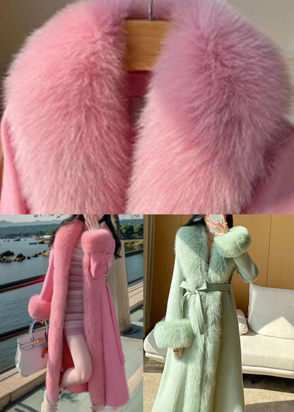 Pink Pockets Woolen Maxi Coat Fox Collar Long Sleeve