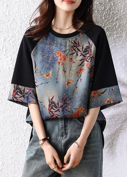 New Retro Navy Patchwork Print Cotton Tops Half Sleeve