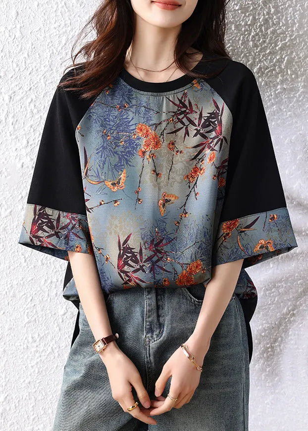 New Retro Navy Patchwork Print Cotton Tops Half Sleeve