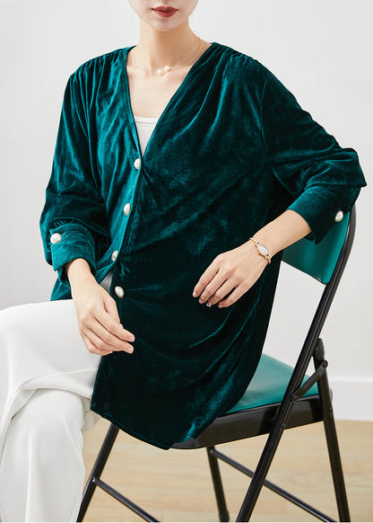 Peacock Green V Neck Silk Velour Blouses Fall