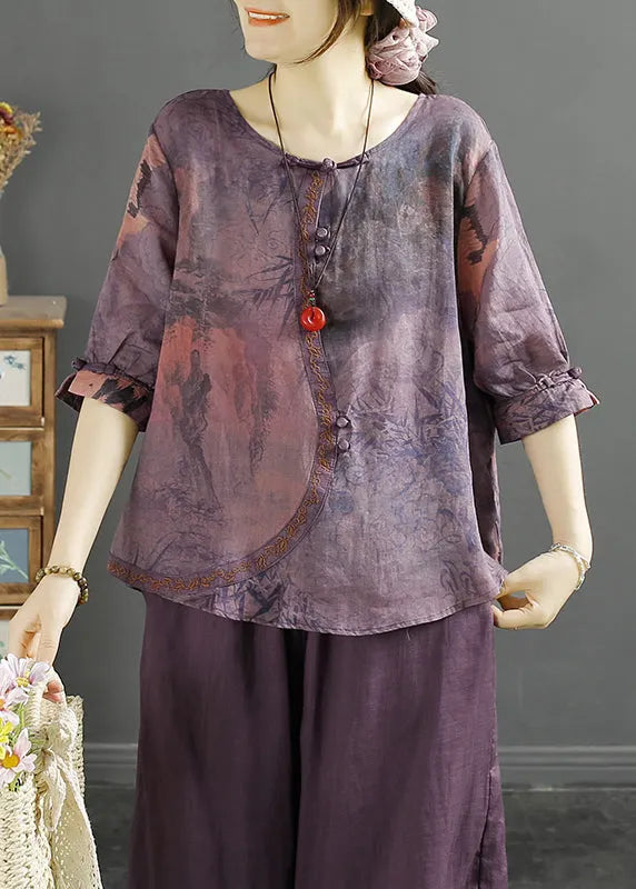 Purple O Neck Print Chinese Button Linen Blouse Tops Half Sleeve