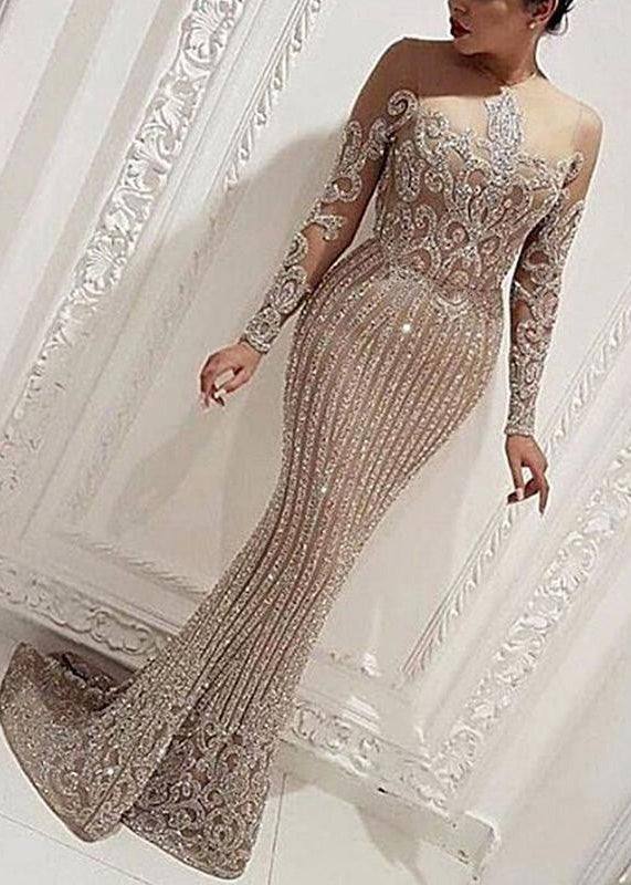 Beige O Neck Sequins Slim Fit Long Dress Spring