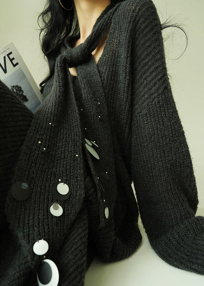 Loose Grey V Neck Sequins Knit Two Pieces Set Fall