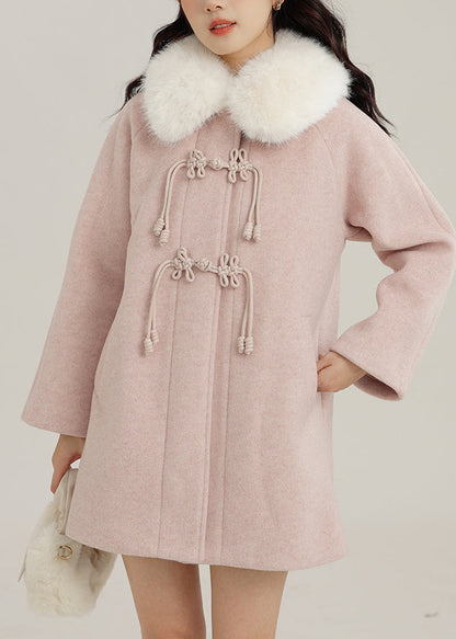 Pink Fur Collar Chinese Button Woolen Coats Winter