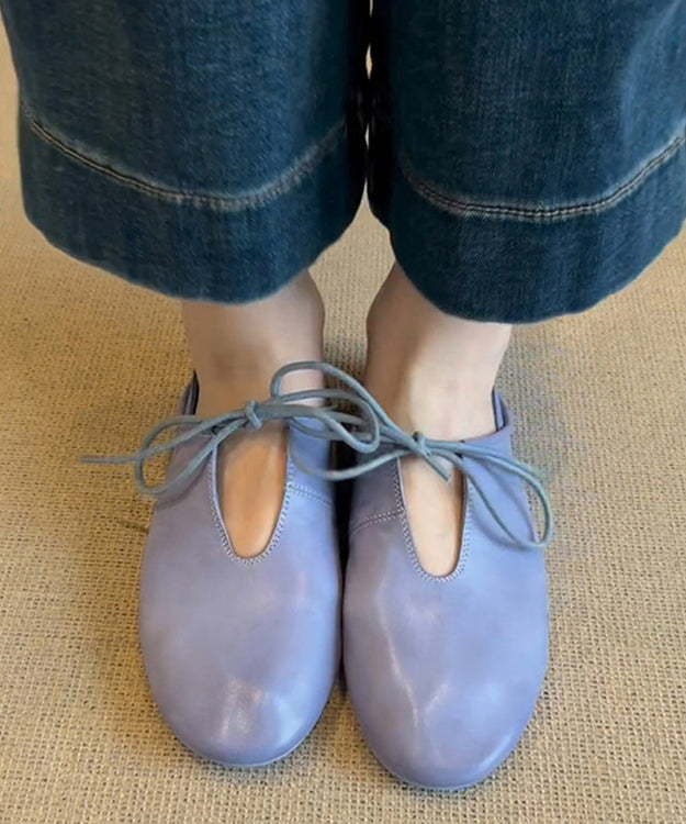 Black Cowhide Leather Lace Up Splicing Flat Shoes