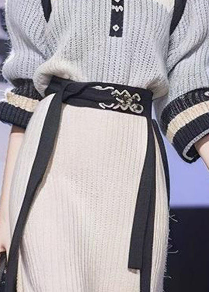 French Grey Tie Waist Cotton Knit Sweaters and Beige a Line Skirts Two Piece Set Long Sleeve