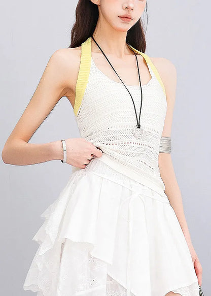 New White Hollow Out Halter Knit Top Summer