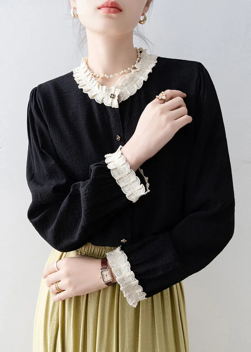Black Oversized Patchwork Lace Blouses Spring