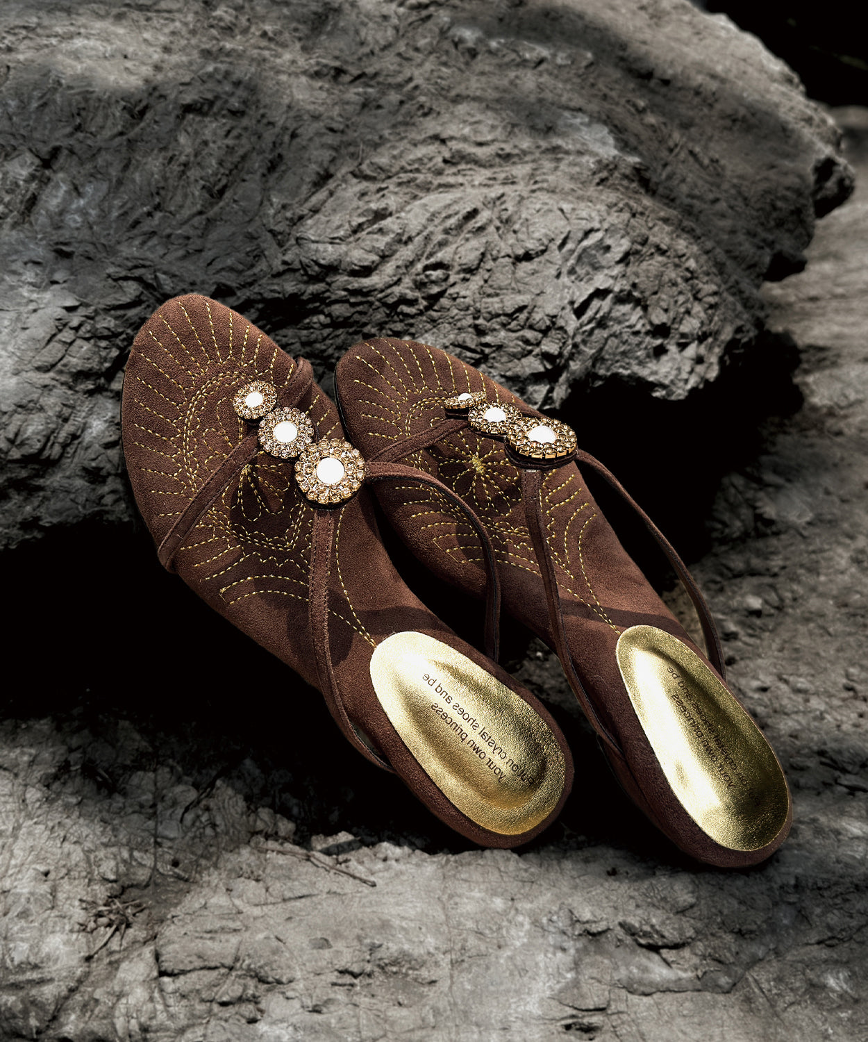 Brown Zircon Splicing Wedge Suede Slide Sandals
