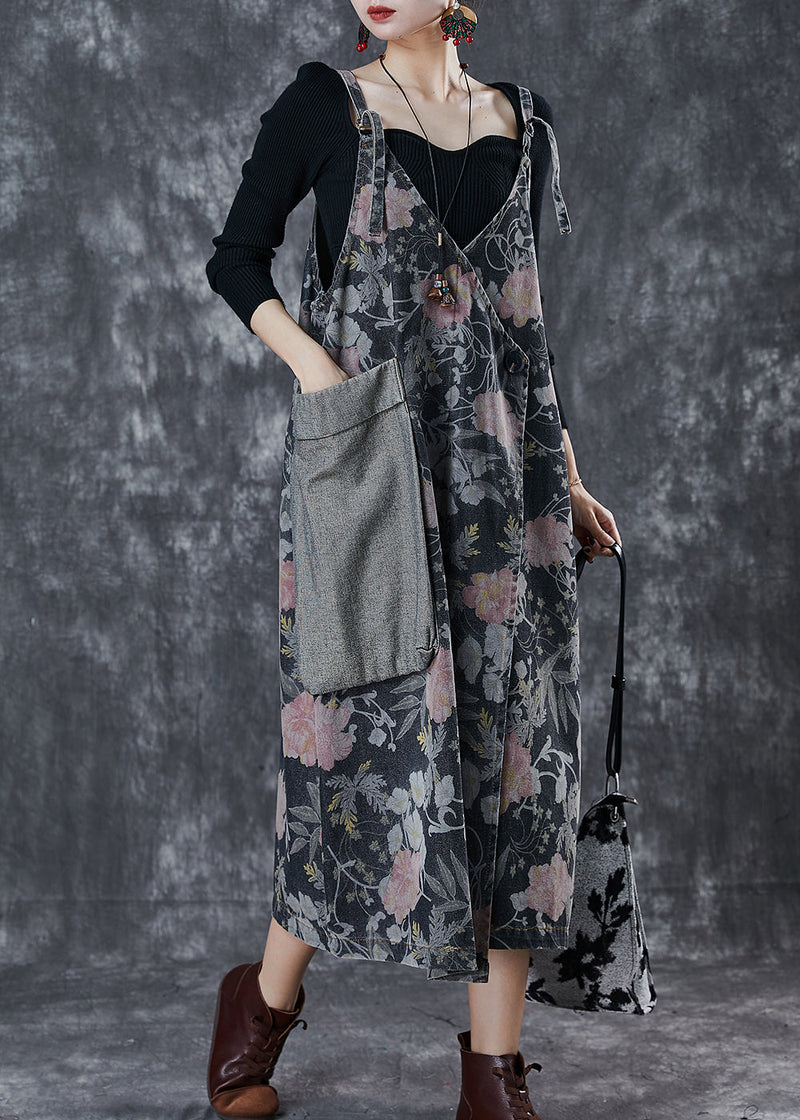 Black Print Patchwork Pocket Denim Cami Dress Spring