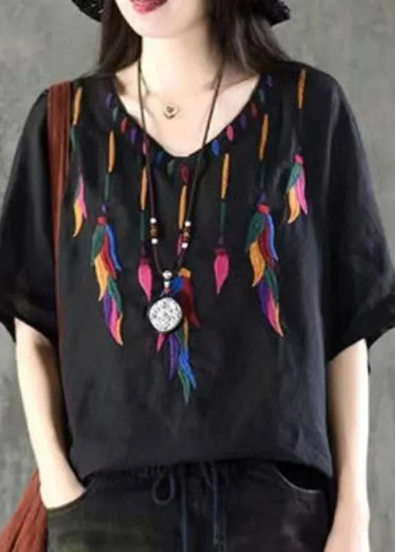 Black V Neckembroideried Cotton Top Short Sleeve