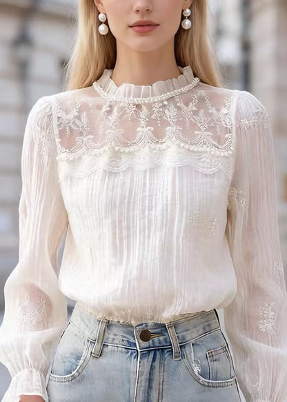 Unique Apricot Lace Nail Bead Patchwork Cotton Blouses Flare Sleeve