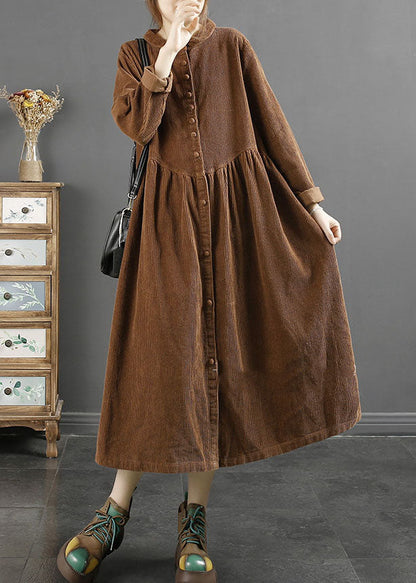 Coffee Square Collar Wrinkled Patchwork Corduroy Long Trench Coats Long Sleeve