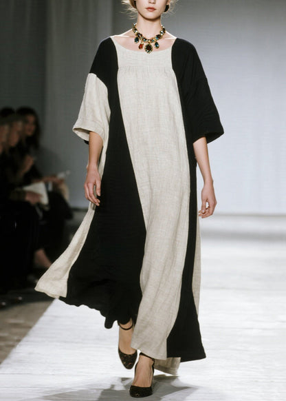 Unique Colorblock Oversized Patchwork Cotton Ankle Dress Half Sleeve
