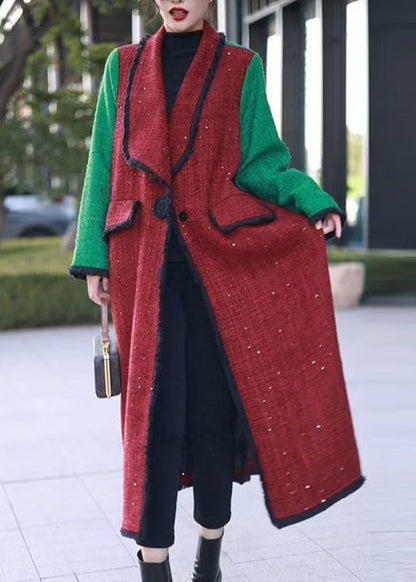 Red Notched Pockets Patchwork Woolen Long Coats Winter