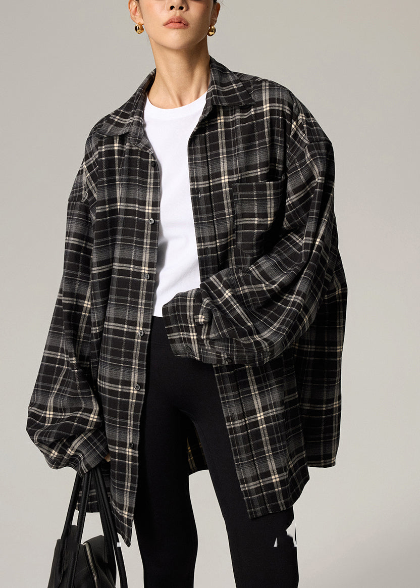 Coffee Plaid Peter Pan Collar Plaid Button Shirts Fall