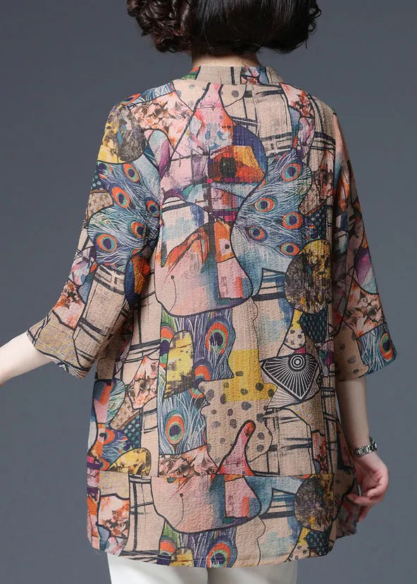 Modern V Neck Print Button Thin Shirt Top Three Quarter Sleeve