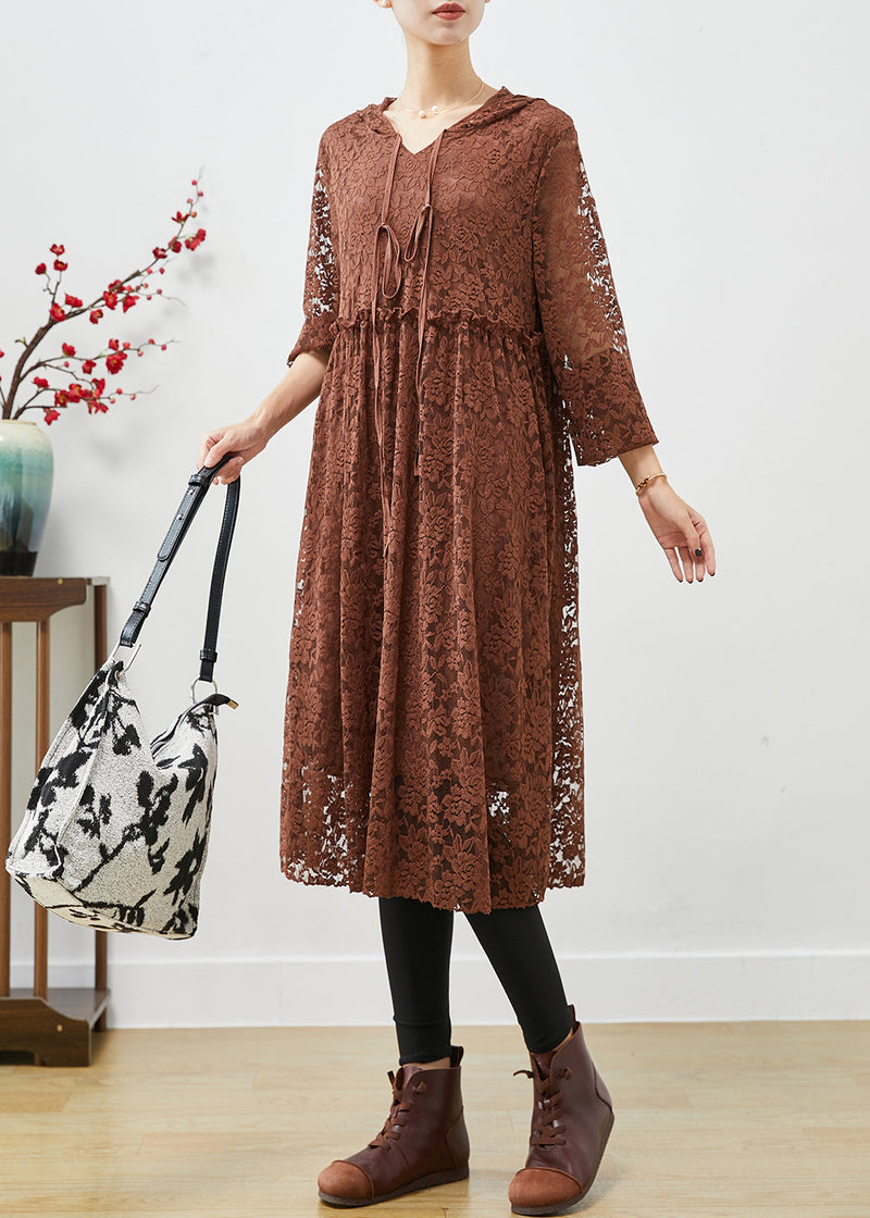 Coffee Hooded Ruffled Lace Dresses Fall