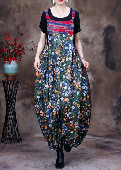 Stylish Green Patchwork Plaid Print Linen Overalls Jumpsuit and Cotton Tanks Two Piece Set Summer