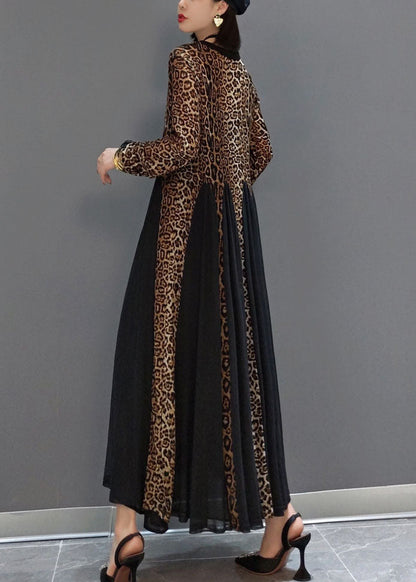 Black Button V Neck Patchwork Leopard Chiffon Maxi Dress Spring