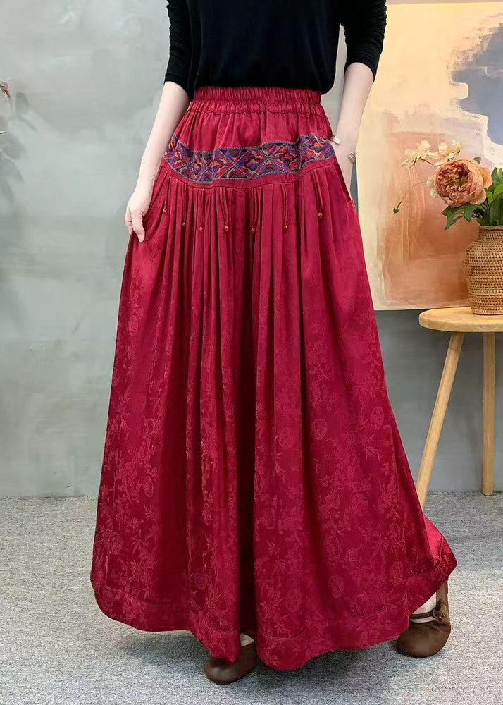 Red Embroidered Wrinkled Pockets Jacquard Silk Skirt Fall