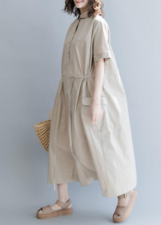 Drawstring Cotton Summer Clothes for Runway Khaki Long Dresses
