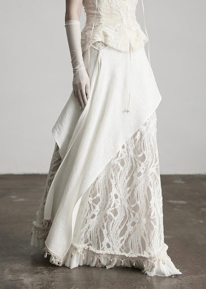 Fitted White Tassel Patchwork Lace Skirts Fall