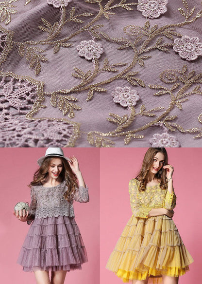 Purple Tulle Dress Hollow Out Embroideried Patchwork Spring
