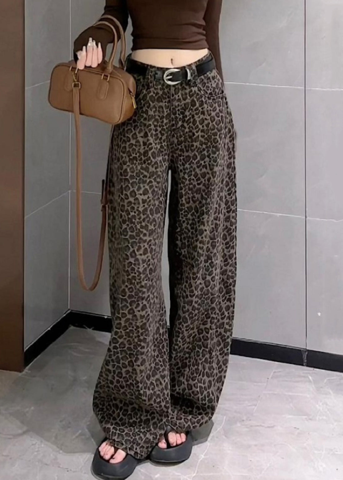 Unique Leopard Pockets High Waist Denim Wide Leg Pants Fall